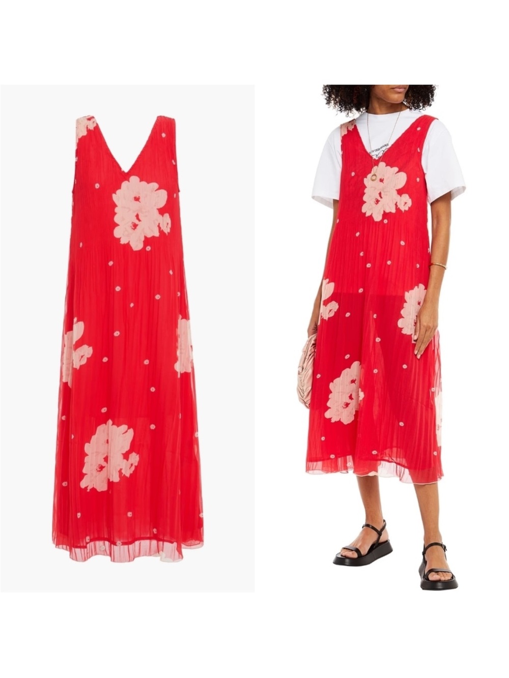 Ganni Pleated Floral Print Georgette Midi Dress